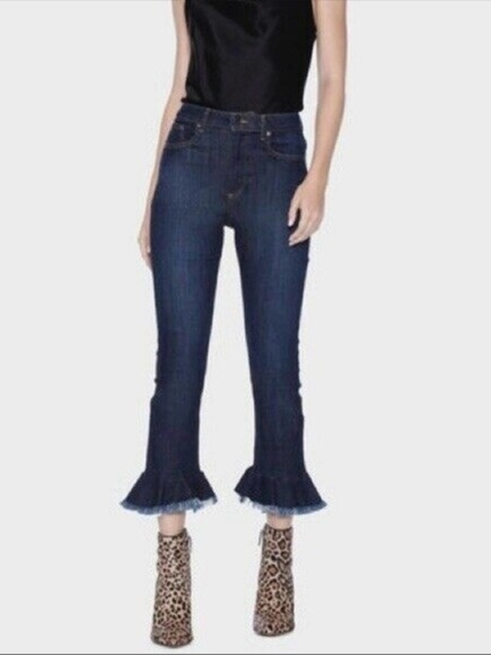 Alice + Olivia Dark Blue Ruffle-Hem Cropped Jeans
